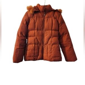Snow owl quilted duck down puffer jacket with hood color orange size medium